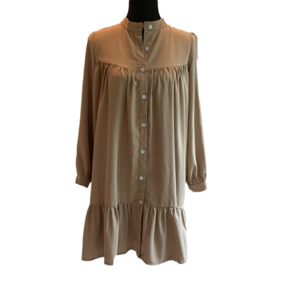 Women's Khaki Ruffle Hem Pleated Button Up Prairie Dress Size Medium - Picture 1 of 5